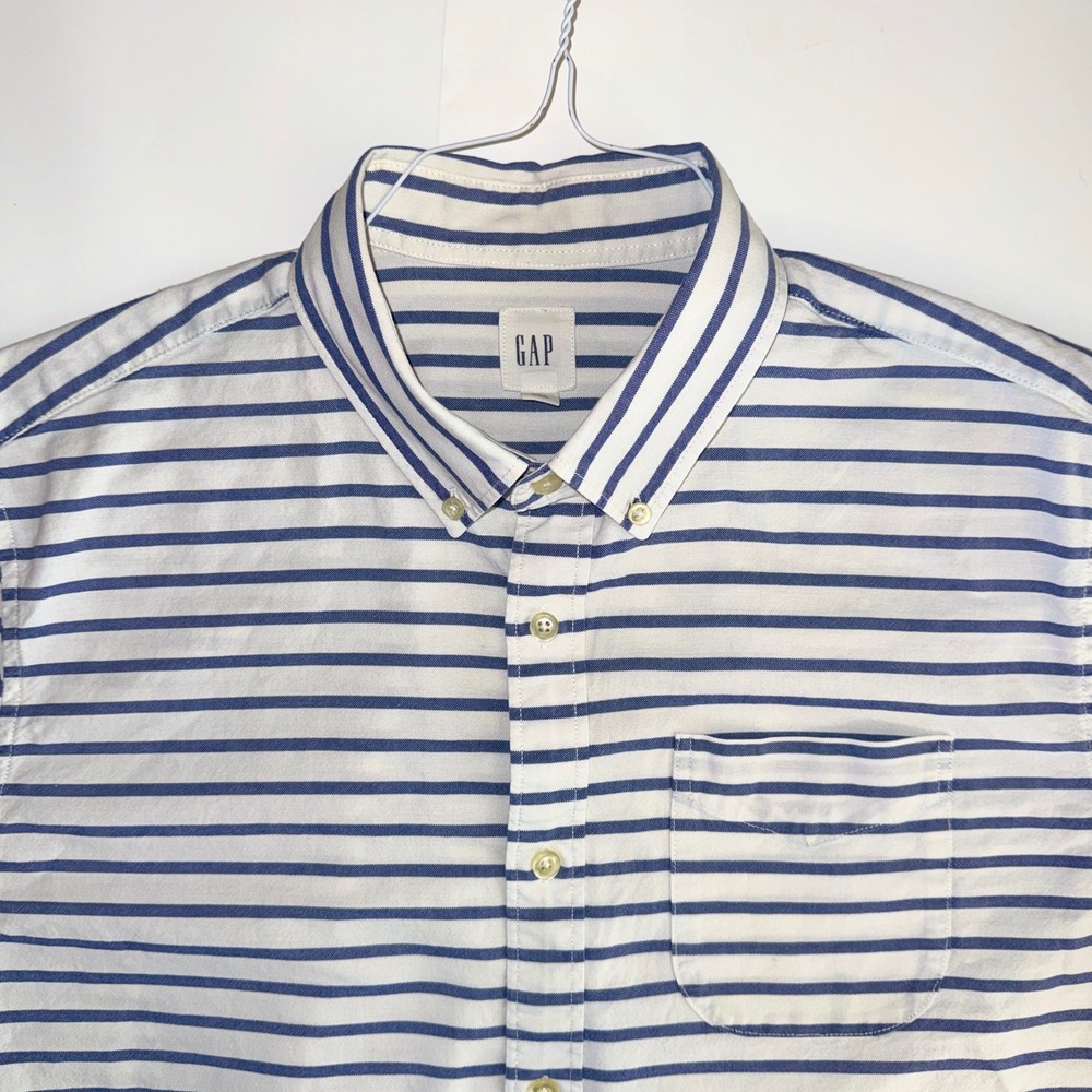 Gap Mens Large Short Sleeve Oxford Shirt Navy Blue White Horizontal Stripe